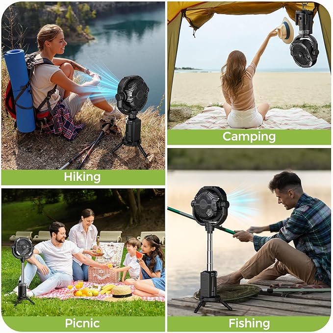 Portable Camping Fan, 20000mAh Rechargeable Fan with Lights, Battery Powered, with Remote &Hook, Height Adjustable, 360° Oscillation, for Outdoor, Tent, Travel, Fishing