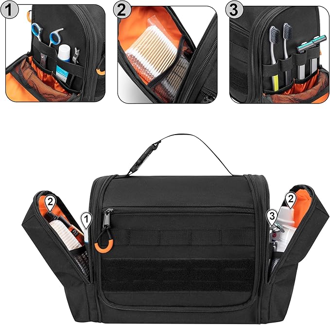 Tactical Toiletry Travel Bag for Men, Hanging Dopp Kit Hygiene Bag Shower Organizer with Hook for Toiletries and Shaving Care, Black (Empty Bag)