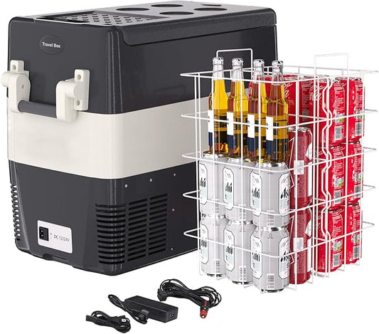 12 Volt Refrigerator, 53QT(50L) Electric Cooler, Portable 12V/24V DC 110-240V AC, 12V Fridge 0℉~50℉, 12V Car Refrigerator with Basket for Travel, Truck, Boat, Camping
