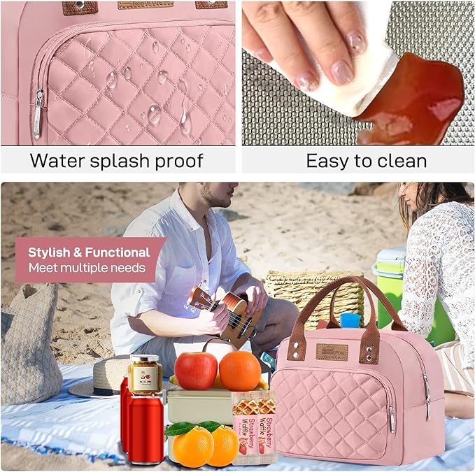 Buringer HOMESPON Lunch Bag for Woman Man Adults with Front Pocket Insulated Lunch Tote Lunch Box Container for Work Picnic or Travel（Pink）