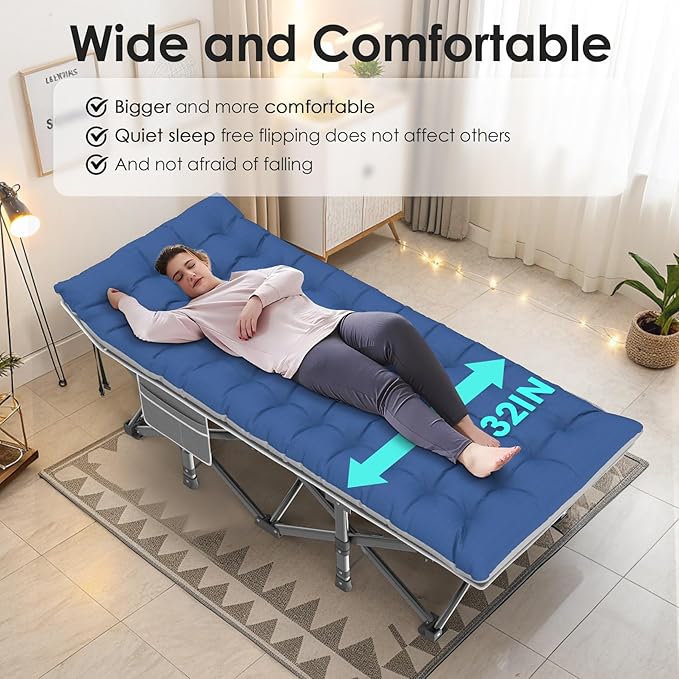 Suteck Camping Cot, 32In XXL Folding Camping Cot Heavy Duty Sleeping Bed for Adults 1200D Double Layer Oxford Cots for Camping W/Pilllow Mattress Carry Bag for Home Office Nap Beach Travel, 500LBS