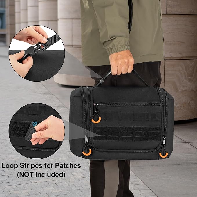 Tactical Toiletry Travel Bag for Men, Hanging Dopp Kit Hygiene Bag Shower Organizer with Hook for Toiletries and Shaving Care, Black (Empty Bag)