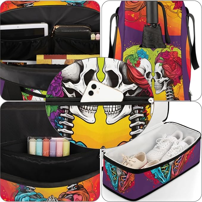 cfpolar Woman Travel Duffel Bag Heart Skull Foldable Tote Carry On Luggage Sports Gym Bag With Shoe Compartment Overnight Weekend Yoga Workout Bag Training Handbag