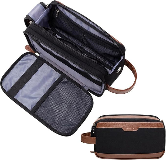Vorspack Travel Toiletry Bag for Men - Canvas Dopp Kit Water Resistant Skincare Bag Large Shaving Bag for Bathroom Toiletries Accessories Gifts - Black