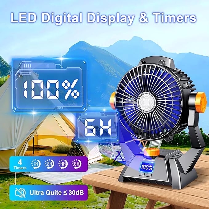Camping Fan - Rechargeable Portable Battery Powered Camping Fans for Tents with LED Light, Power Display, Timers & 360° Hanging Hook, Ultra Quiet USB Personal Tent Fan for Fishing Travel Home Office