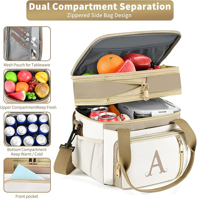 LOKASS Personalized Lunch Bag for Women Work, 16L Initial Insulated Lunch box for Adult/Womens Gift, Leakproof Personalized Gift Lunchbag with Adjustable Shoulder Strap, Cooler Bag Beige - Q