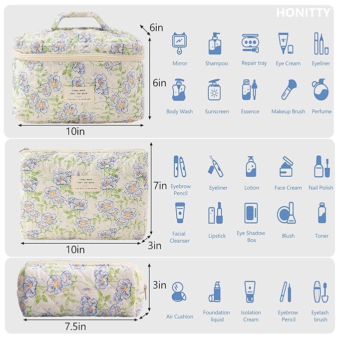 Makeup Bag,Quilted Cosmetic Bags,Large Floral Make Up Organize bag,Makeup Bag Set for Women,Flower Travel Toiletry Bag