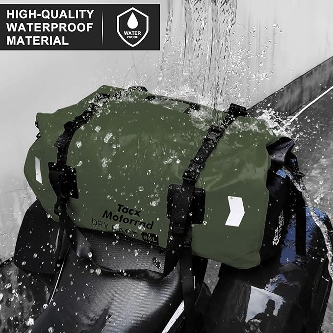 Waterproof Duffel Bag for Men/Women, Roll-top Dry Backpack Duffel Bag with Quick-fixed Straps, Motorcycle Tail Saddle Bag for Motorcycling, Rafting, Boating, Kayaking, Travel, 66L-Green