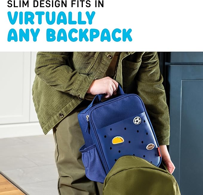 Fit & Fresh Charm Lunch Bag For Kids, Thermal Insulated Lunch Box For Kids Boys & Girls With Shoe Charm Slots For Personalization, School Lunch Box, Navy Blue