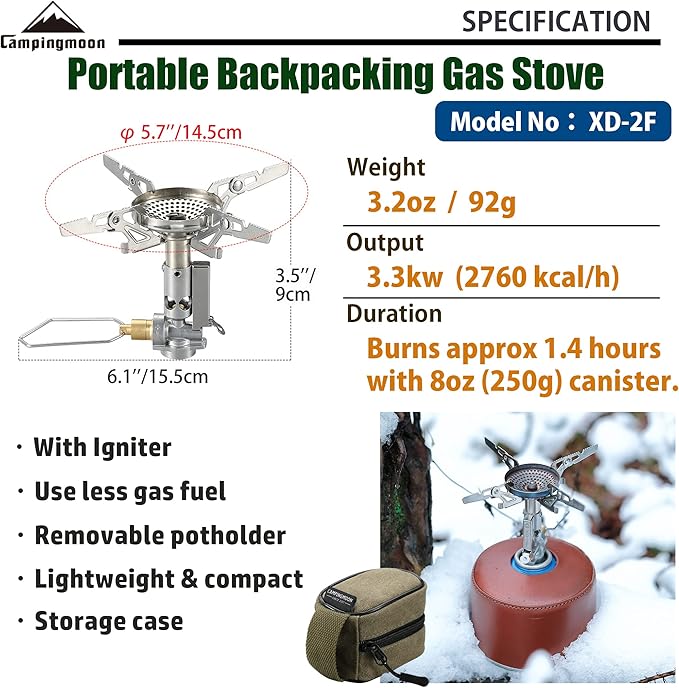 CAMPINGMOON Canister Top Stove Portable Compact Foldable w/Micro Regulator w/4Flex w/igniter XD-2F (Silver)