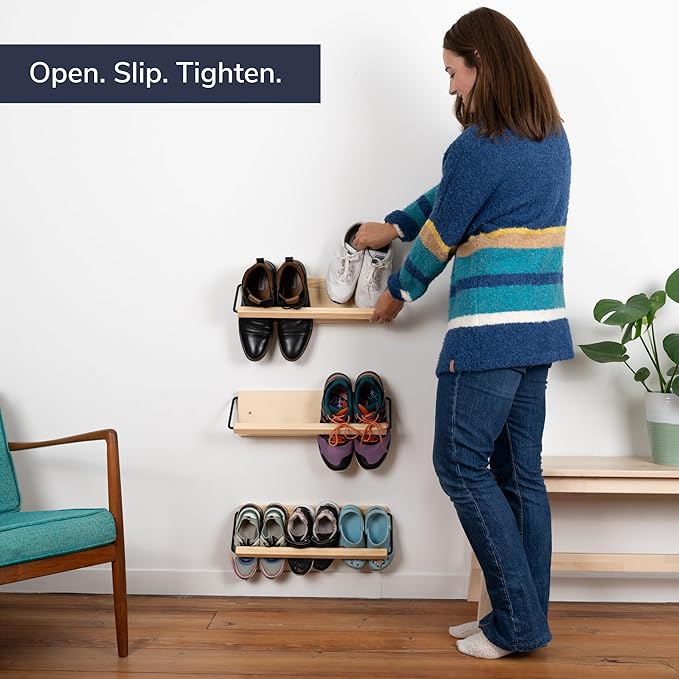 Wall Mounted Shoe Rack - A Wooden, Modern, Slim, and Small Shoe Storage Solution for Shoes and Boots in Narrow Spaces, entryways, or hallways. (20-in-Wide, Pack of 2)