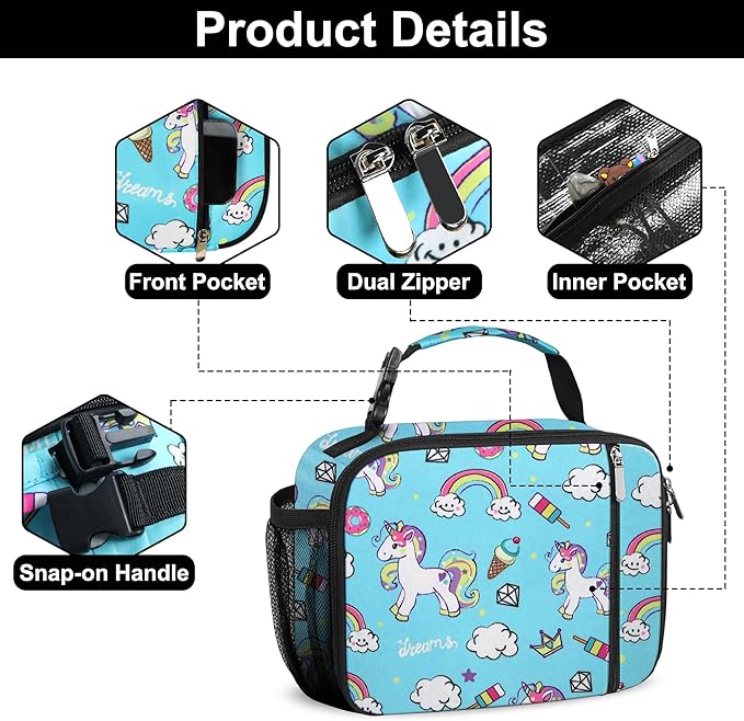 esouler Lunch Box Kids Insulated Lunch Bag for Boys & Girls Durable Children Lunchbox for School with Water Bottle Holder-Blue Unicorn