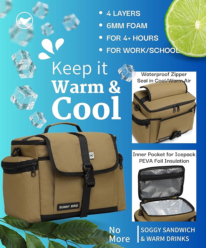 SUNNY BIRD Insulated Lunch Bag Tactical Lunch Box Cooler for Men and Women (Bark Brown)