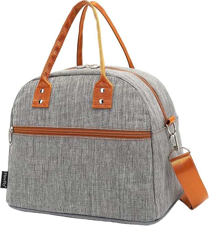 FlowFly Insulated Lunch Bag With Shoulder Strap for Women, Men, and Kids, Large and Reusable, Handle, Freezable Work and School Travel Tote and Meal Prep Organizer,Grey