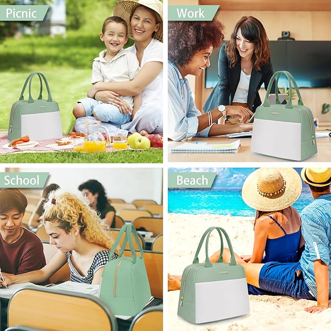 LOKASS Lunch Bag for Women-Insulated Adults Lunch Box with Front Pocket- Small Cute Lunch Tote for Work-Reusable Cooler Bag for Office Picnic Beach or Travel (Light Green)