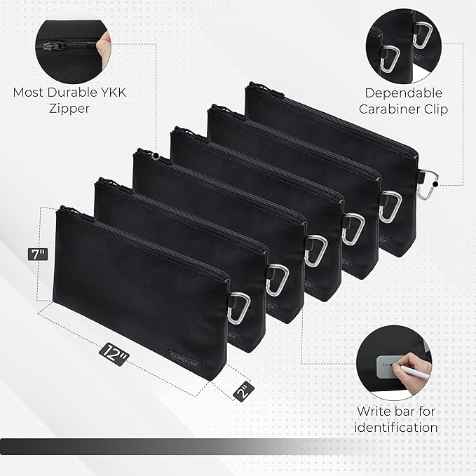 COREFLEX Premium Tool Pouch Zipper Bag, Small Tool Bag, Multipurpose Storage Pouch, Heavy Duty Flat Bottom Tool Bag with YKK Zipper (6 Pack Large 12inch Black)