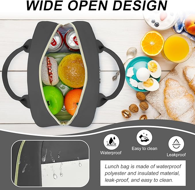 LOKASS Lunch Bag for Women-Insulated Adults Lunch Box with Front Pocket- Small Cute Lunch Tote for Work-Reusable Cooler Bag for Office Picnic Beach or Travel (Dark Grey)