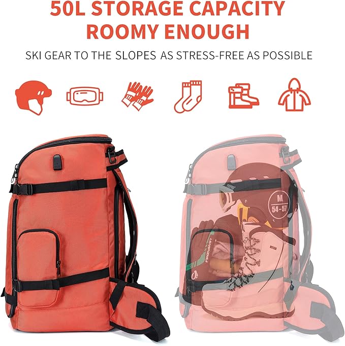 Ski Boot Bag Backpack, 50L Large Capacity Water-Resistant Padded Ski Travel Bag & Snowboard Boot Bag for Ski Boots, Helmet, Goggles, Clothes, Gloves, Snowboard Gear (Orange)