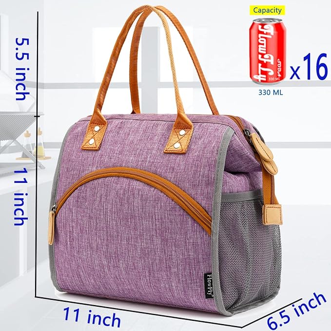 FlowFly Insulated Lunch Bag Wide-Open Lunch Box Large Tote Leakproof Cooler with Drink Holder and Multi Pockets for Women Men Adult Kids Work Picnic Travel Beach Hiking, Purple