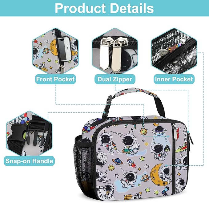 esouler Lunch Box Kids Insulated Lunch Bag for Boys & Girls Durable Children Lunchbox for School with Water Bottle Holder-Astronaut
