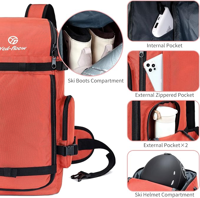 Ski Boot Bag Backpack, 50L Large Capacity Water-Resistant Padded Ski Travel Bag & Snowboard Boot Bag for Ski Boots, Helmet, Goggles, Clothes, Gloves, Snowboard Gear (Orange)