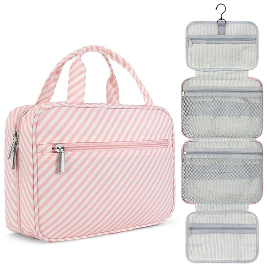 PAVILIA Hanging Toiletry Bag Travel Bag Women Men, Foldable Cosmetic Organizer, Roll up Makeup Bag, Water Resistant Accessories Toiletries, Large Travel Essentials Kit (Pink Stripe)