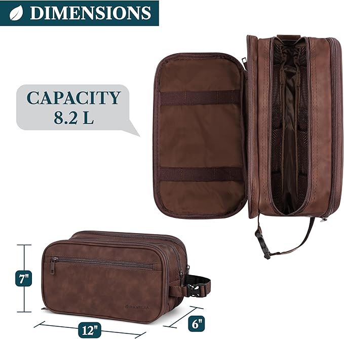 PAVILIA Toiletry Bag for Men, Travel Toiletries Bag | Water-resistant Dopp Kit, PU Leather Shaving Pouch Organizer for Accessories, Cosmetic, Hygiene, Grooming Essentials (Black)