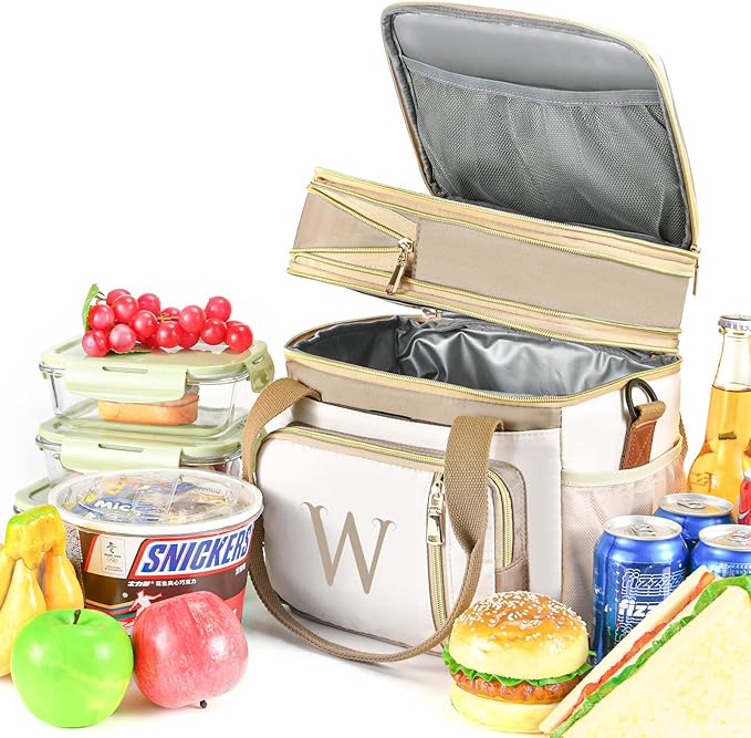 LOKASS Personalized Lunch Bag for Women Work, 16L Initial Insulated Lunch box for Adult/Womens Gift, Leakproof Personalized Gift Lunchbag with Adjustable Shoulder Strap, Cooler Bag Beige - X