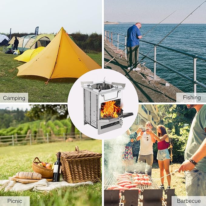 REDCAMP Wood Burning Folding Camp Stove Stainless Steel Grid and Pot Stand, Portable Collapsible Backpacking Stove Survival Rocket Stove for Hiking Outdoor Tent Camping Picnic, Samll with Pot Stand