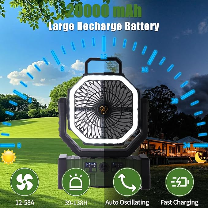 Rechargeable Operated Camping Battery Powered Fan with Hook&Bright LED Light,Remote Control Timer Auto Oscillation Cordless Outdoor Fan for Power Outage,Picnic,Barbecue,Fishing,Travel,Jobsite,Home