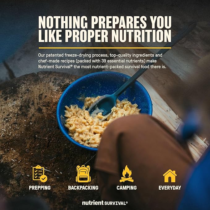 Nutrient Survival MRE Triple Cheese Mac, Ready to Eat Meals (10 Servings) Freeze Dried Prepper Supplies & Emergency Food Supply, 40 Essential Nutritients, Shelf Stable Up to 25 Years, One Can