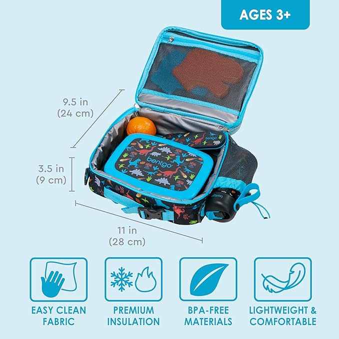 Bentgo Kids Lunch Bag - Durable, Double-Insulated Lunch Bag for Kids 3+; Holds Lunch Box, Water Bottle, & Snacks; Easy-Clean Water-Resistant Fabric & Multiple Zippered Pockets (Dinosaur)