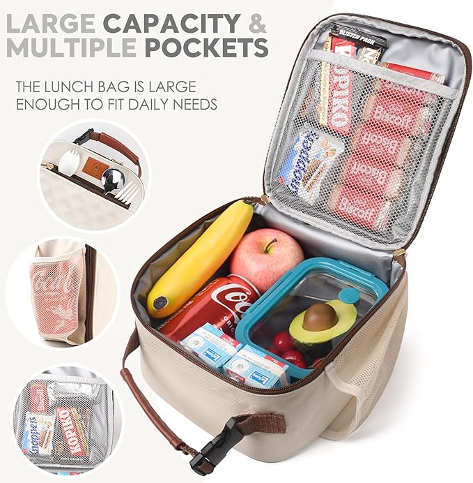 Lunch Bag for Women Men Girls Teens Insulated Leakproof LunchBox for Adult Reusable Lunch Box with Bottle Holder for Work Office School Travel Picnic-Gray/White