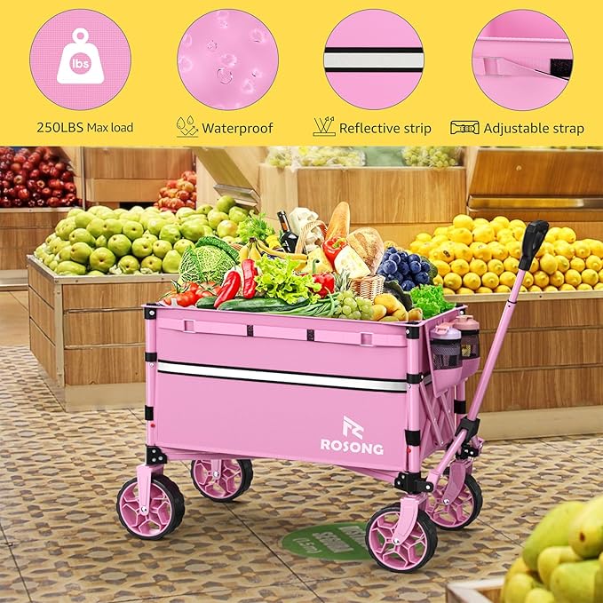 Collapsible Wagon Cart with Wheels Foldable - Folding Utility Heavy Duty Wagons Carts for Grocery Sports Garden Shopping Camping Pink