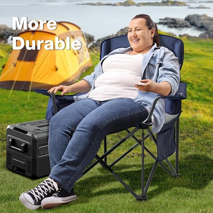 Oversized Folding Camping Chair, Heavy Duty Support 500LBS Outdoor Chair with Cup Holder Storage and Cooler Pouch, Collapsible Padded Arm Chair for Sports Garden Beach Fishing, Blue