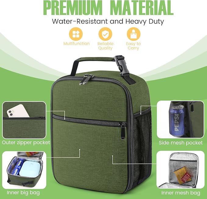 Lunch Bag for Men/Women, Reusable Lunchbox for Adult, Small Insulated Lunch box, Lunch Tote Bag for Office, Work, Picnic - Green