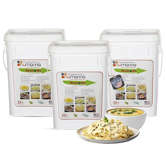 Numanna Grab-n-Go Buckets 240 Servings Freeze-Dried Premade Meals | 25+ Year Shelf Life | Non-Perishable, Ready-to-Eat Breakfast & Dinner Everyday Meals | Emergency Food Kit | Made in USA Pack of 3
