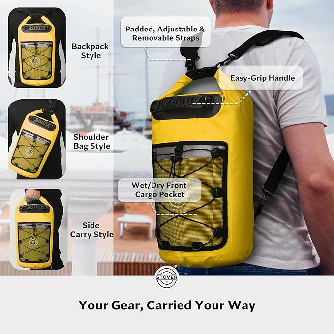 STOVER 5/10/25/30/40/55L Waterproof Dry Backpack- Medium Floating Dry Bag for Kayaking, Travel, Tubing, Hiking, Fishing, Camping, Motorcycles & Beach, Heavy-Duty Roll Top Men/Women (Yellow)
