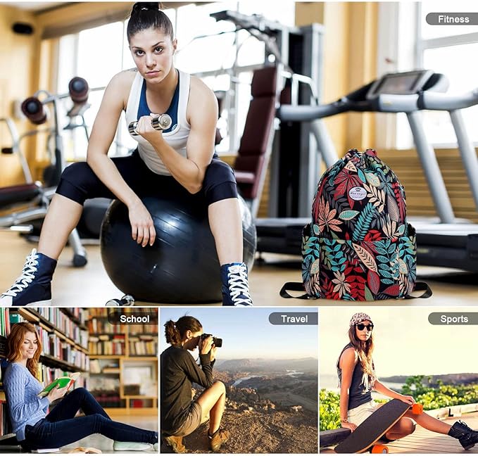 HUA ANGEL Floral Print Drawstring Bag - Lightweight Waterproof Cinch Sackpack with Side Pocket for Men & Women Travel Gym Bag