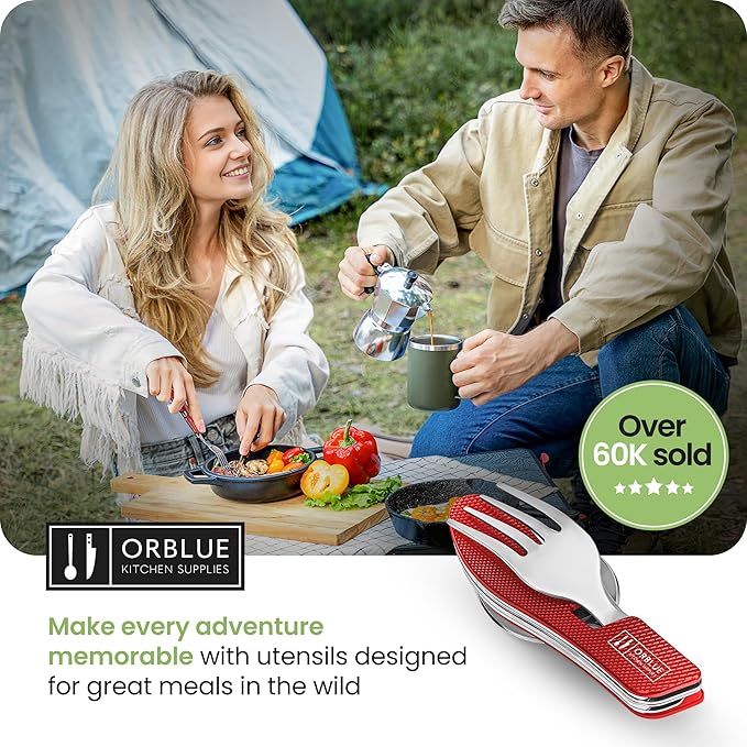Orblue 4-in-1 Camping Eating Utensils, 2-Pack - Portable Spoon, Fork, Knife & Bottle Opener Combo Set - Stainless Steel Flatware with Detachable Fork - Travel, Backpacking Cutlery Multitool, Red