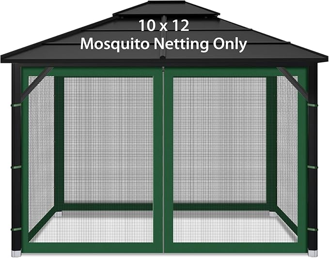 Gazebo Replacement Mosquito Netting Outdoor Universal Gazebo Canopy 4-Panels Screen Sidewalls with Zipper for Patio Garden (Green, 10x12)