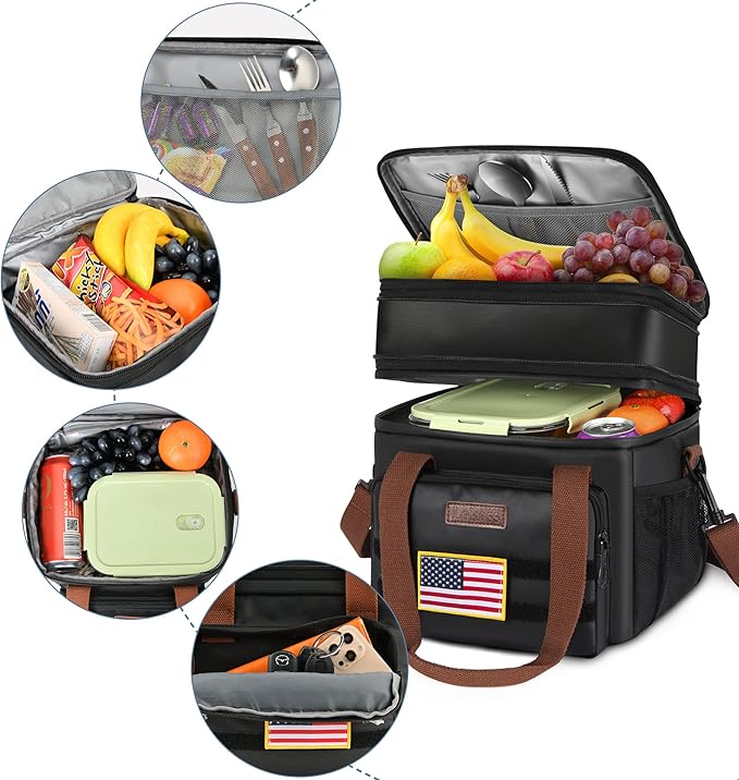 Tactical Lunch Box for Men- Large Insulated Lunch Bag-Expandable Adult Lunch Box with Adjustable Shoulder Strap-Large Lunch Tote Bag for Work Camping Fishing (Black-Leather)