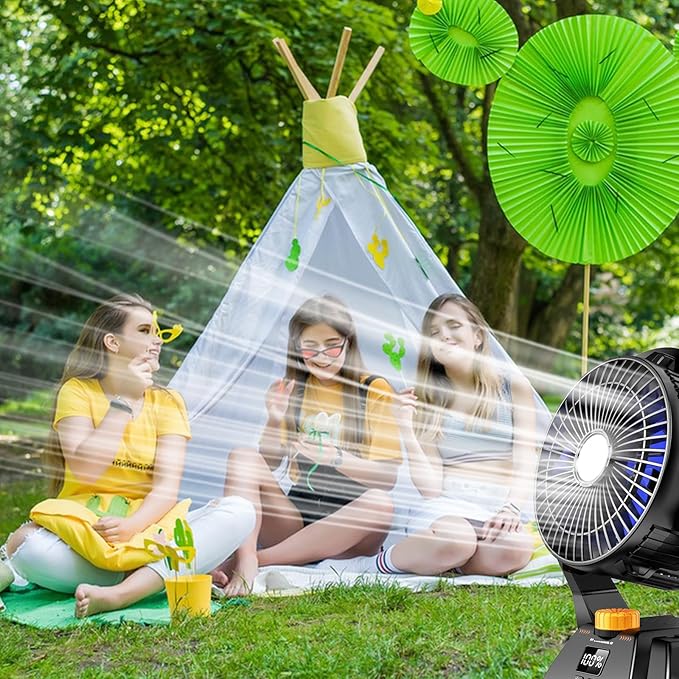 Camping Fan - Rechargeable Portable Battery Powered Camping Fans for Tents with LED Light, Power Display, Timers & 360° Hanging Hook, Ultra Quiet USB Personal Tent Fan for Fishing Travel Home Office