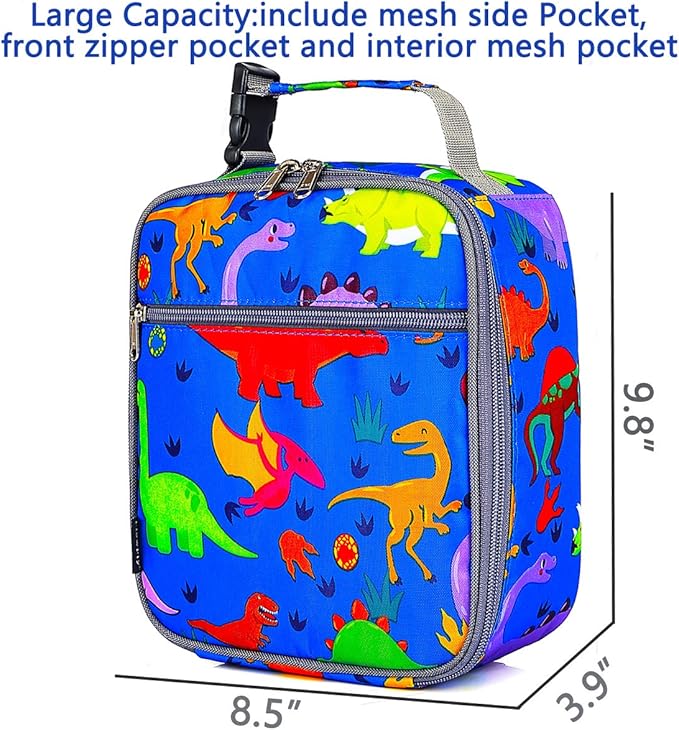 FlowFly Kids Lunch box Insulated Soft Bag Mini Cooler Back to School Thermal Meal Tote Kit for Girls, Boys, Dinosaur