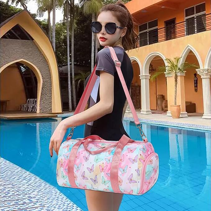 Butterfly Girls Sports Duffle Bag with Wet Pocket, Shoe Compartment & Overnight Travel Bag (Pink)