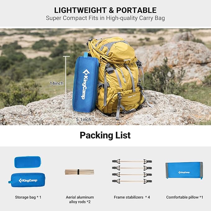KingCamp Camping Cot, Folding Portable Heavy Duty Ultralight Cots for Adults Camping Tent Hiking Backpacking Mountaineering Travel Indoor Outdoor Indoor Base Camp with Pillow, Support 265 Lbs