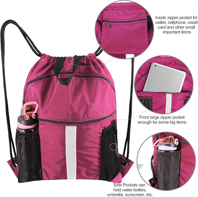 BeeGreen Drawstring Backpack Bag with Shoe Compartment, X-Large Black Gym Sports String Cinch Backpack