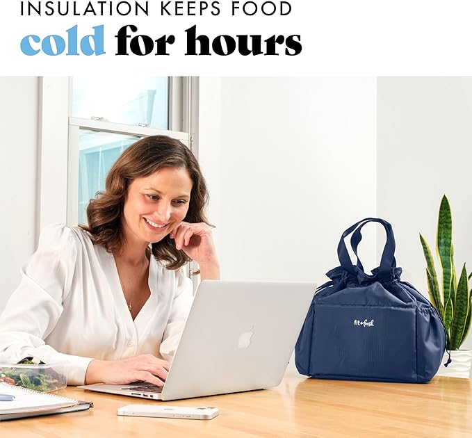Fit & Fresh Lunch Bag For Women, Insulated Womens Lunch Bag For Work, Stain-Resistant Large Lunch Box For Women With Containers, Cinch Closure Cromwell Bag, Navy