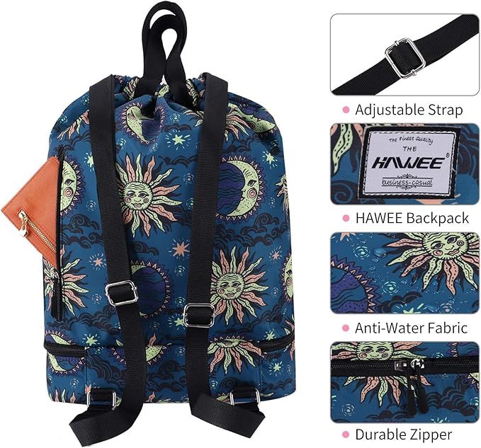 Dry Wet Drawstring Backpack with Shoe Compartment for Women Adjustable Gym Bag