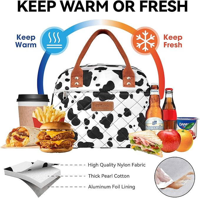 HOMESPON Insulated Lunch Bag for Women Men Adults Lunch Tote with Front Pocket Lunch Box Container Cooler Bag for Work Picnic (Cow Print)